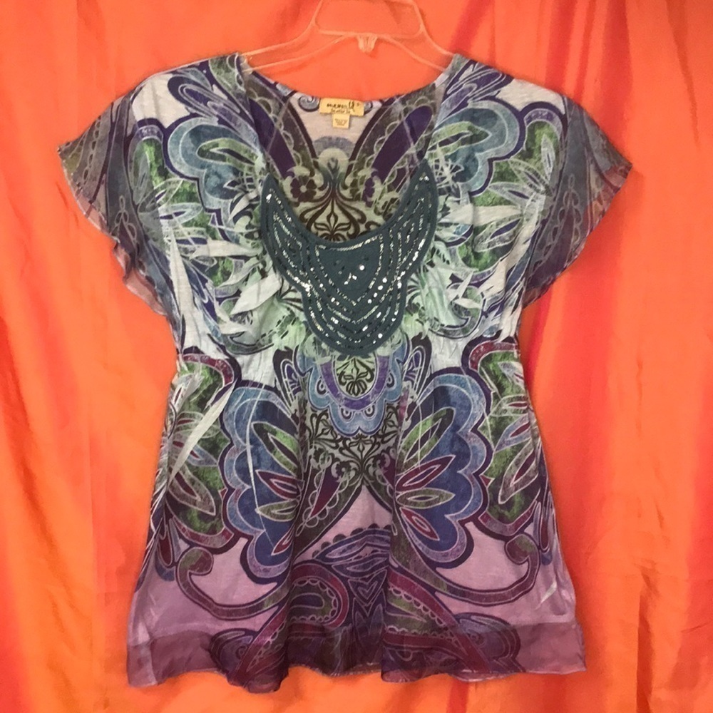 One World Women’s Tunic Top Purple/Green Embroidered V Neck with Sequins Size S